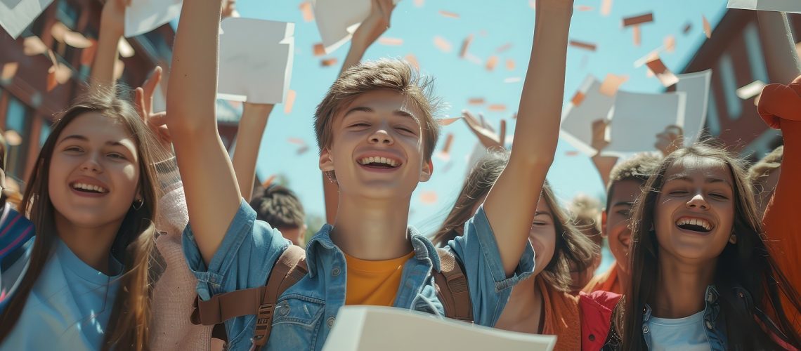 A group of happy students celebrate their graduation by throwing confetti in the air They are all smiling and laughing  and it is clear that they are excited about this momentous occasion The image captures the joy and excitement of this important milestone